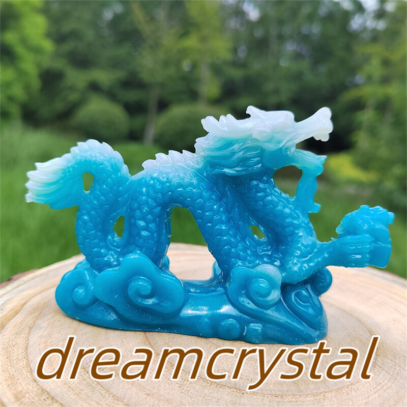 4″ Blue Luminous Stone Sculpture Chinese Dragon Resin Sculpture Skull Gift 1pc