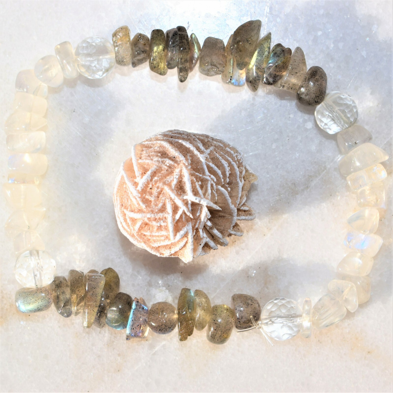 CHARGED Moonstone Labradorite Crystal Stretchy Bracelet w / Quartz REIKI Energy!