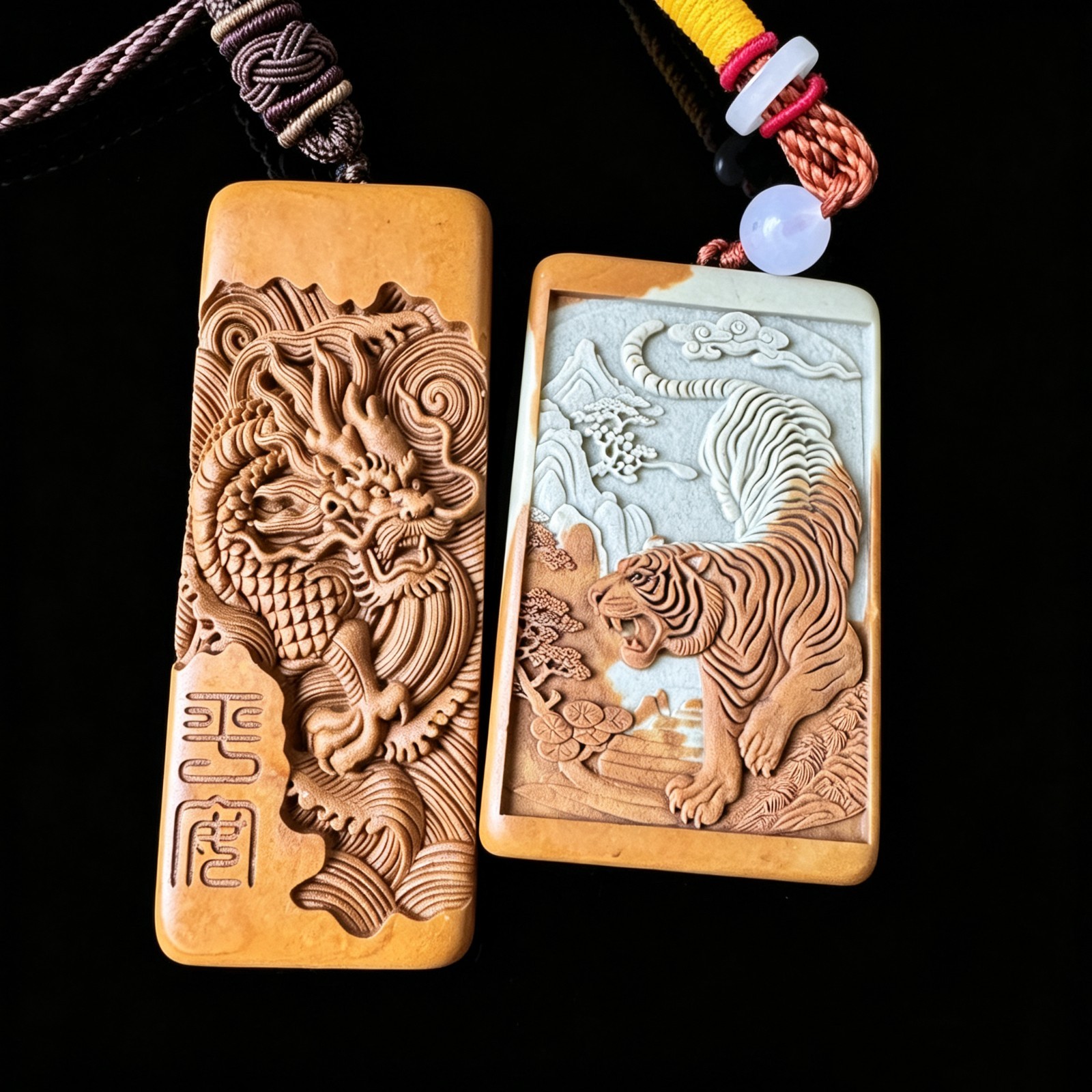 Natural Songhua Stone Double Sided Dragon Tiger Pendant Fine Carved Worry Stone