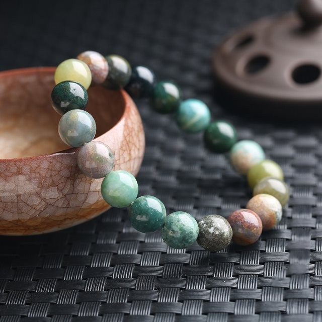 12mm Natural Crystal Moss Agate Chalcedony Bracelet Ethnic Style for Men Women