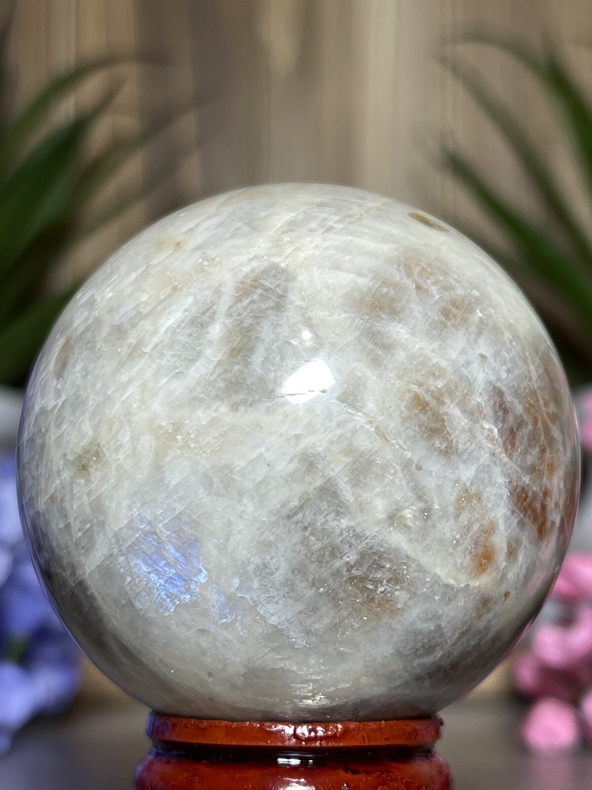 51mm MOONSTONE SUNSTONE SPHERE – Crystal Blue Feldspar Orange Mineral Witch 188g