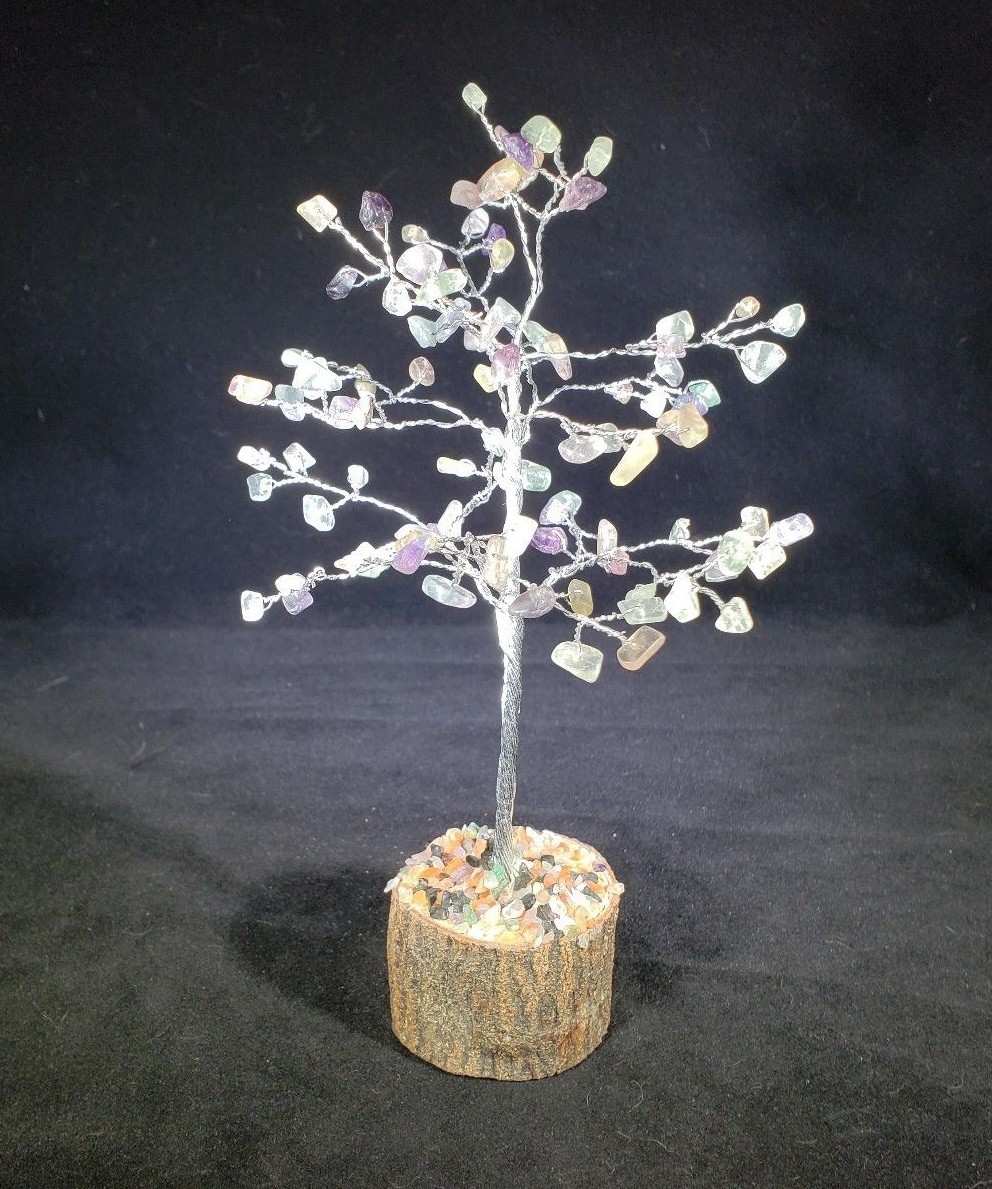 NATURAL FLUORITE GEMSTONE CHIP TREE WITH 100 STONES CRYSTAL TREE OF LIFE