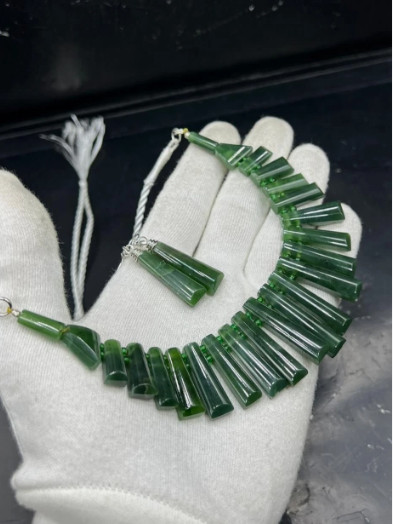 100% Natural Green Nephrite Jade Necklace& Earrings Handmad gemstone jewelry set