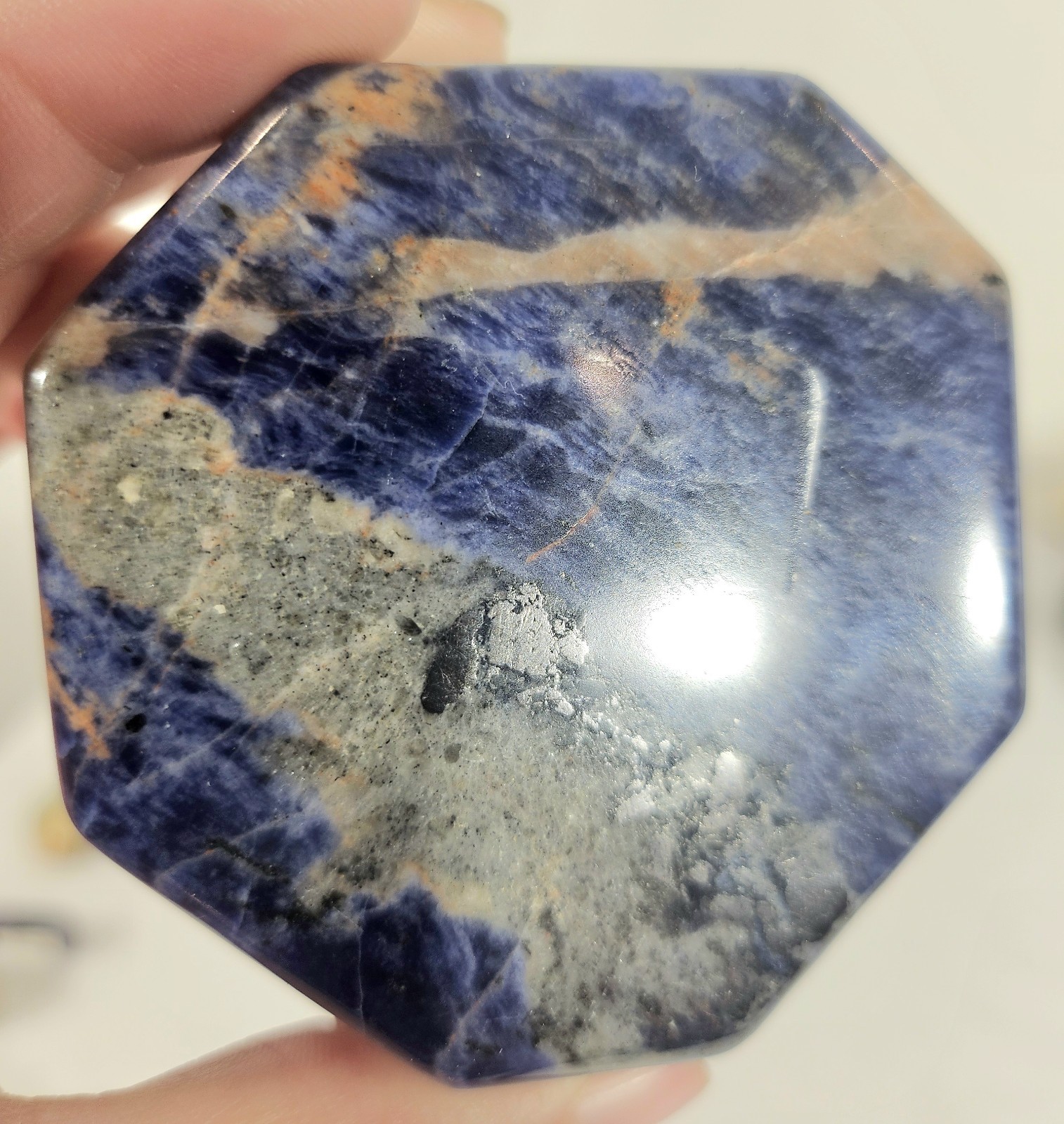 Large Polished Sodalite Octagon Bowl Deep Blue & Orange Veins 4-5″ Crystal Dish
