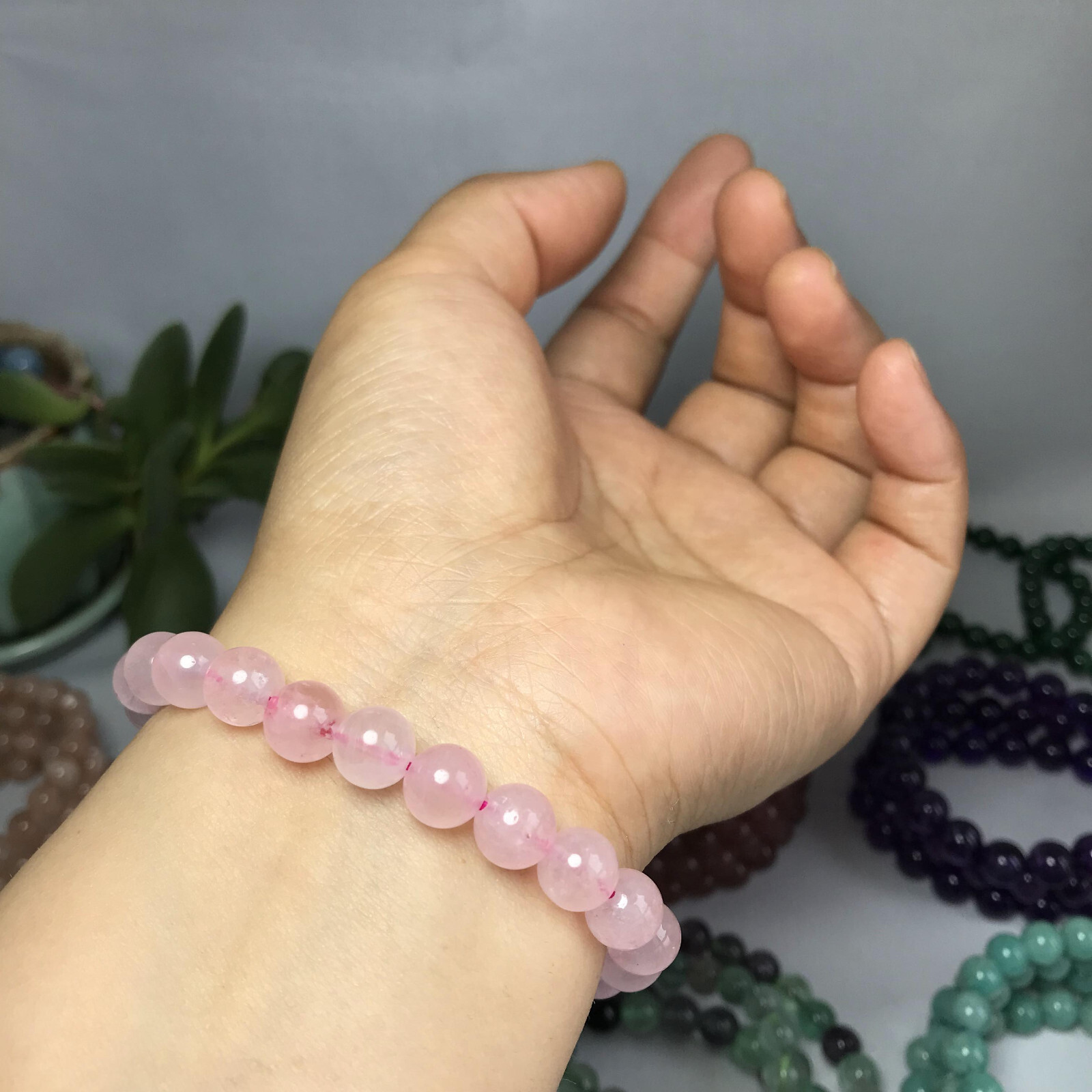 8mm-9mm Top Natural pink crystal gemstone Crystal chain beads bracelet 19g A5268