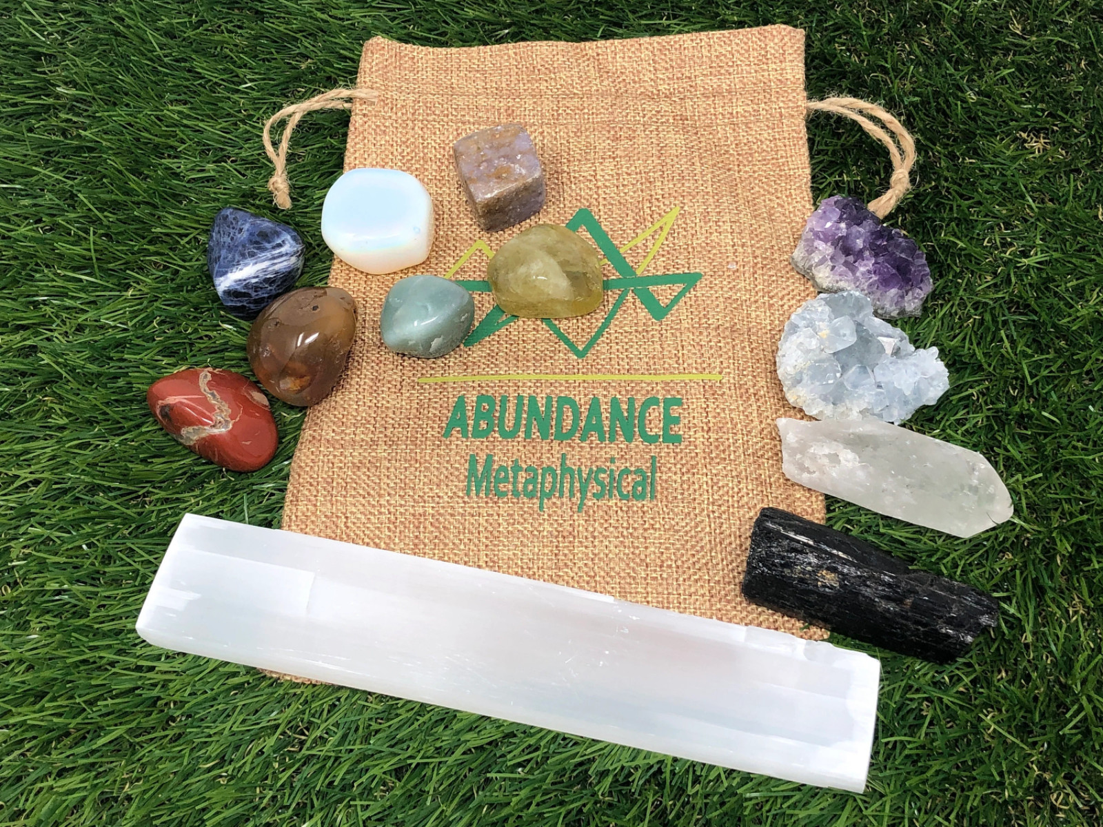7-Chakra Crystal Set, Raw and Polished Stones, Selenite Satinspar Plate