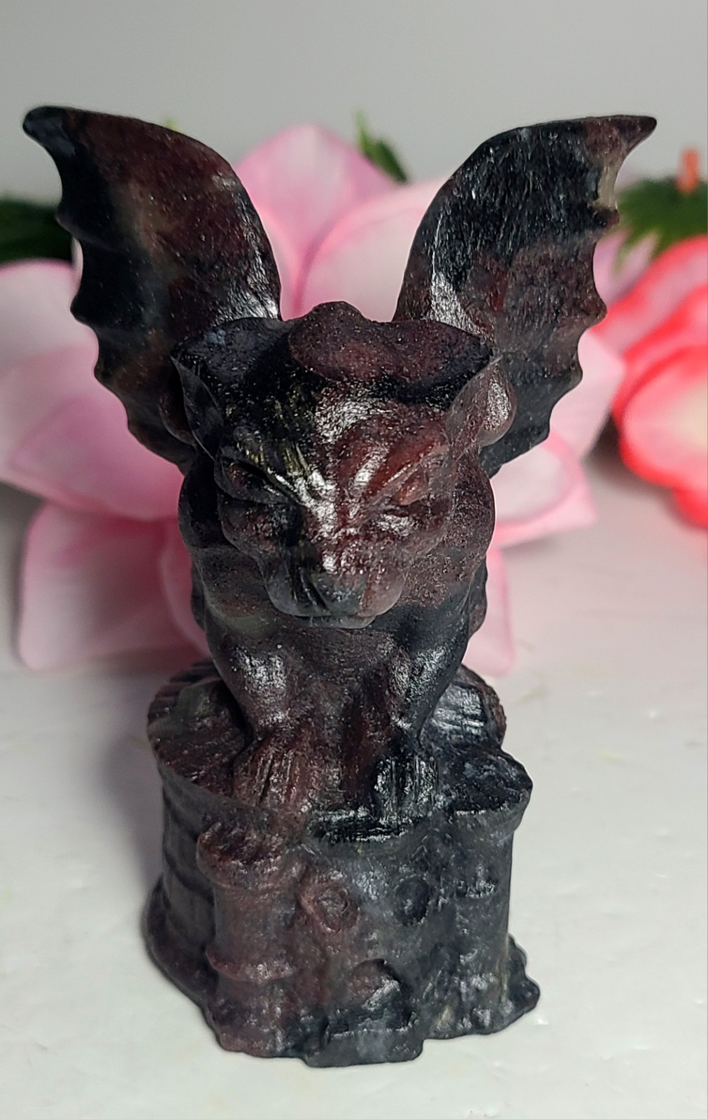 4″ 329g Magnificent Garnet Arfvedsonite Gargoyle Crystal Stone Carving Statue
