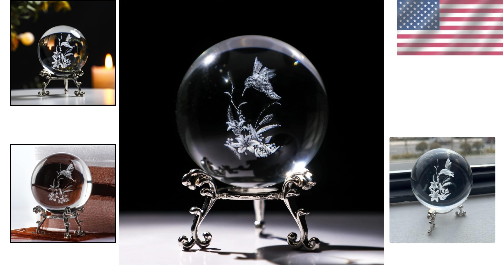 Exquisite 60mm Hummingbird Crystal Sphere with Metal Stand – Feng Shui Decor