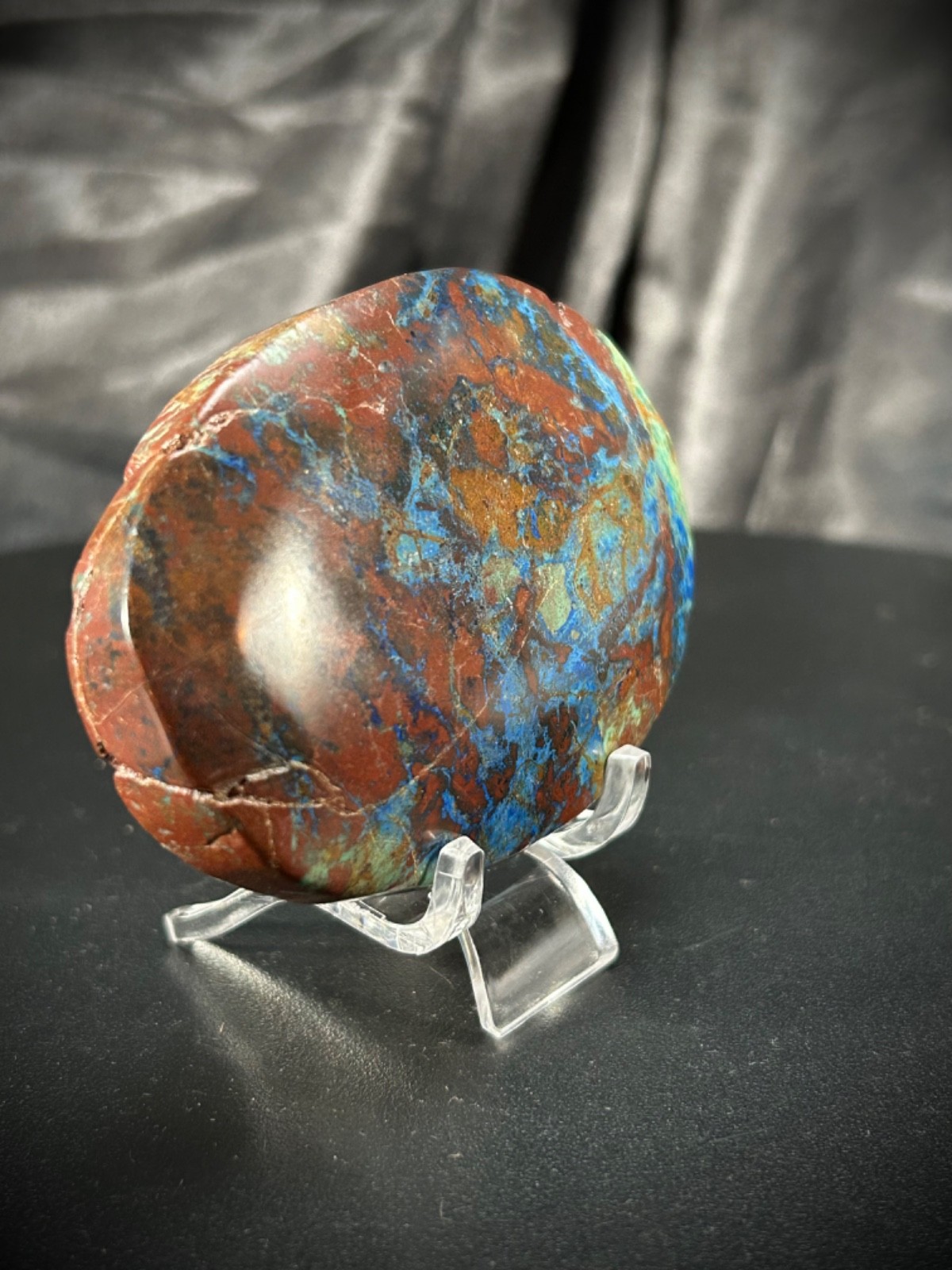 2.96″ Shattuckite Large Palmstone With Acrylic Stand 4.3oz (124 grams)