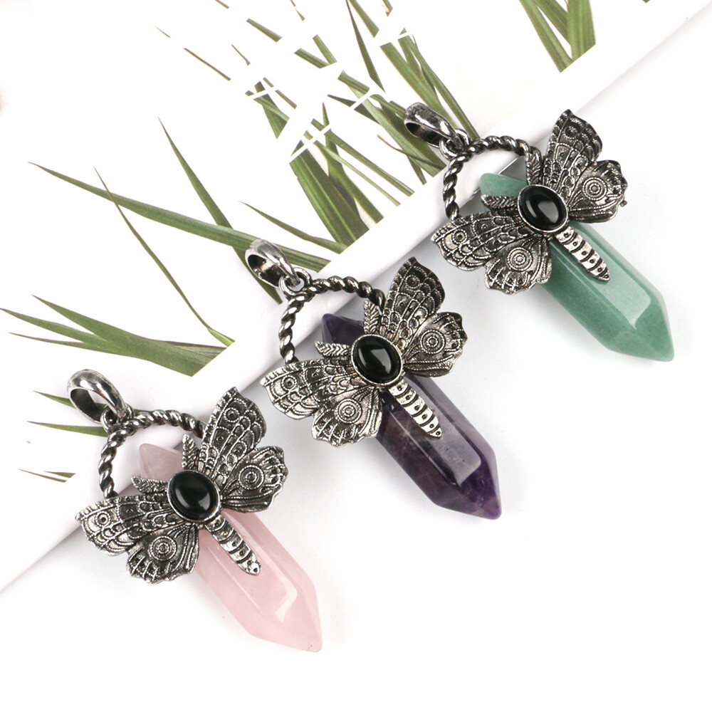 1pc Chakra Crystal Moth Dragonfly Pendants Obsidian Bead Gemstone Point Wand DIY