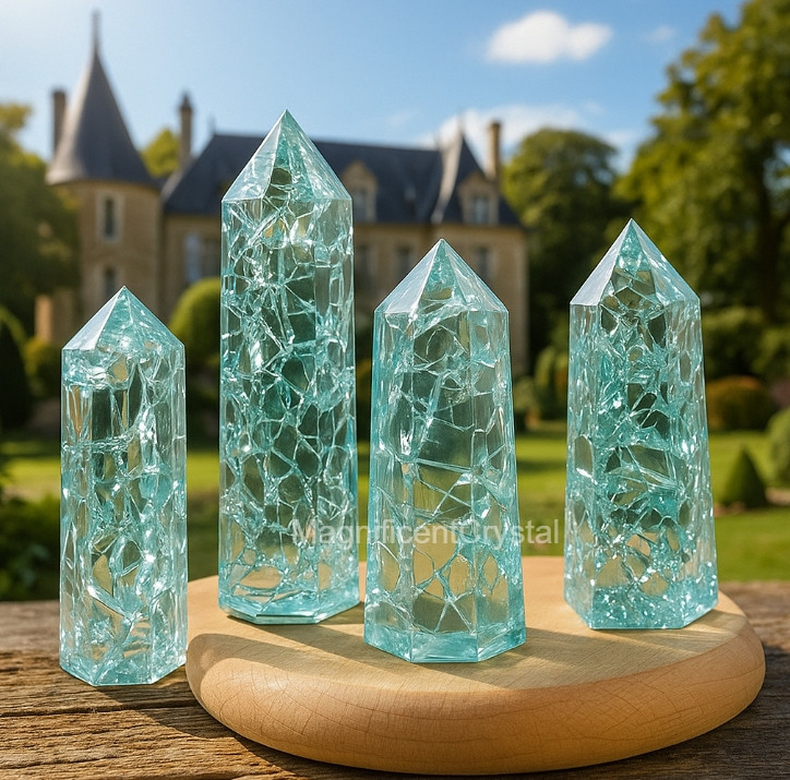 1pc Blue Crackle Tower Point Stone of Manifestation Art Home Decor Crystal Gifts