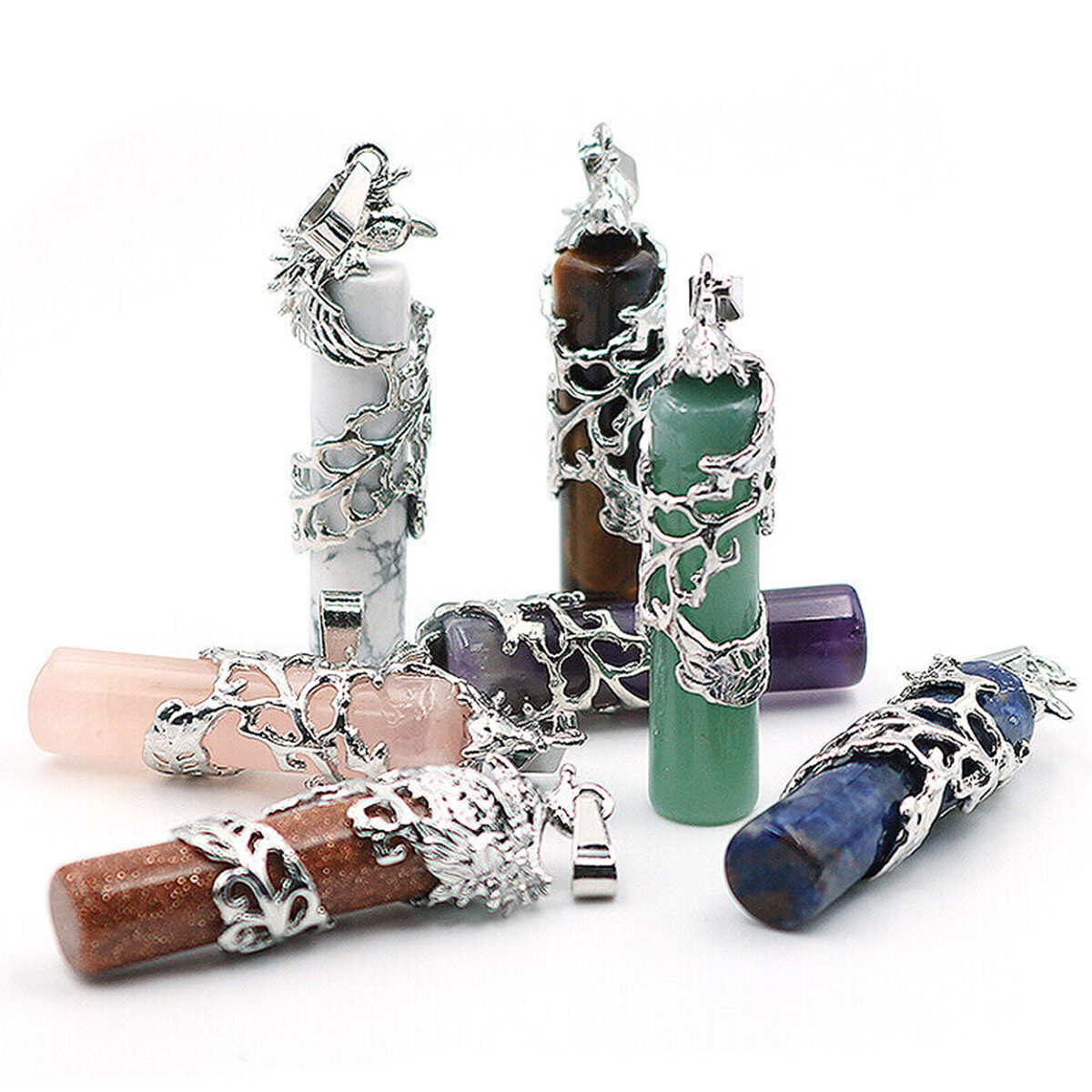 Natural Crystal Gemstones Phoenix Column Pendant Chakra Reiki Healing Beads Gift