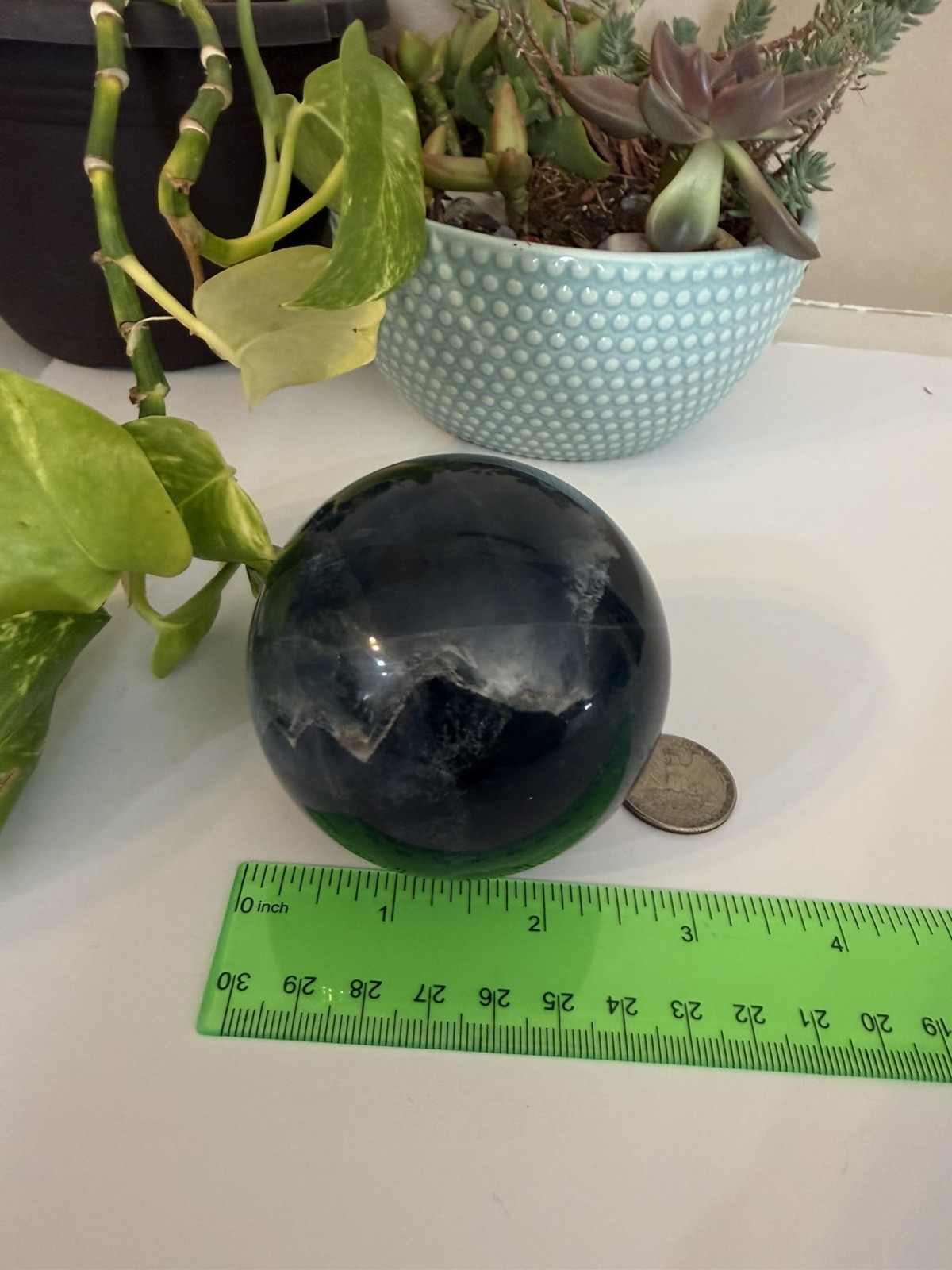 Fluorite Large Dark Blue, Green Crystal Gemstone Sphere Crystal with Stand