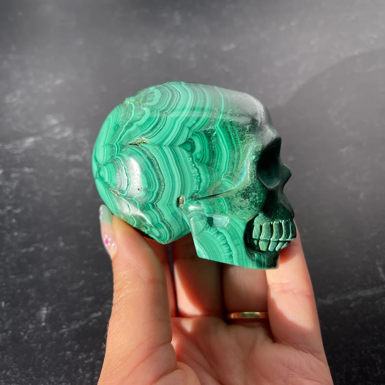 Natural Malachite Skull Crystal Carving Green Banded Stone 2.5in 11oz