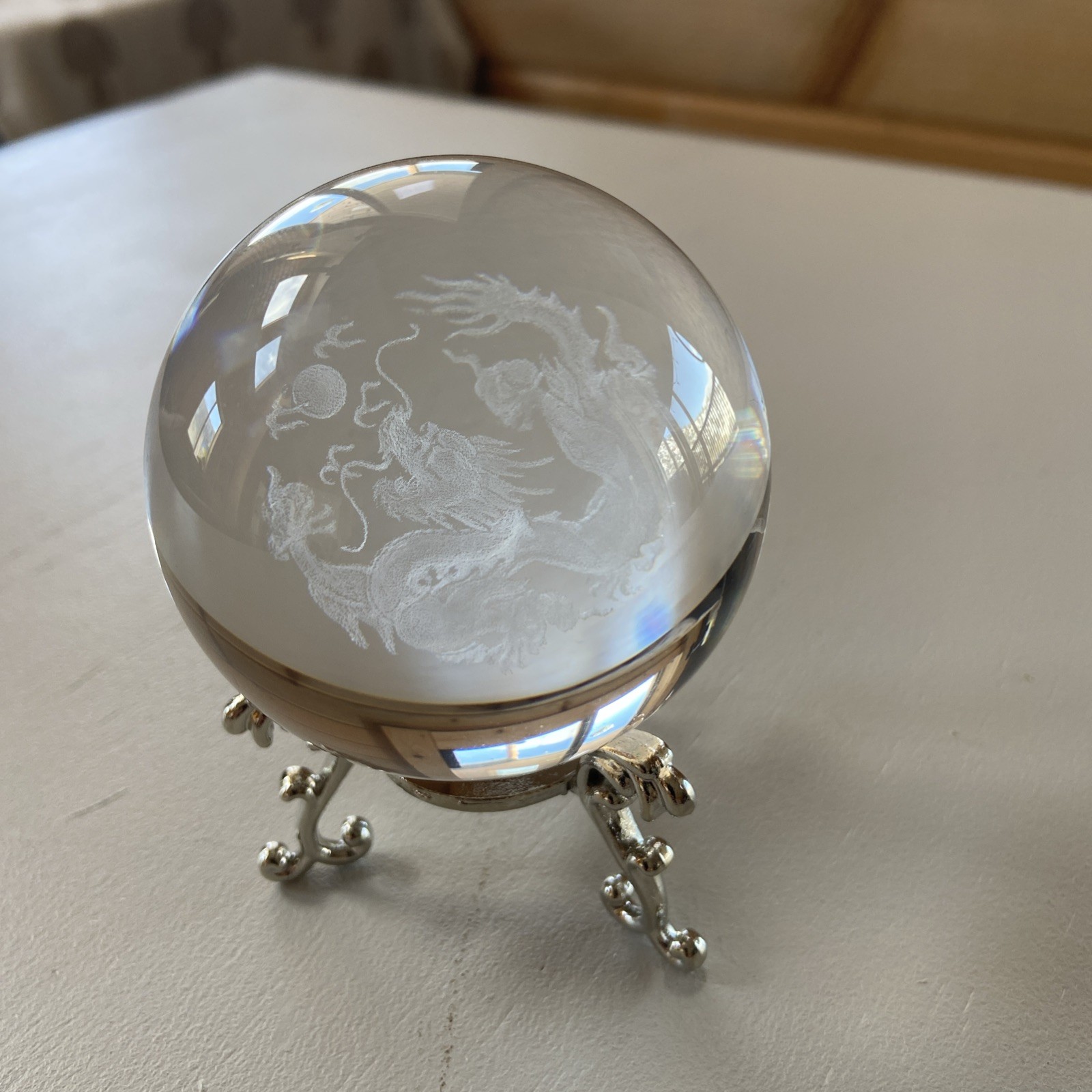 Crystal 2.4 inch (60mm) Chinese Dragon Crystal Ball with Sliver-Plated Flowering