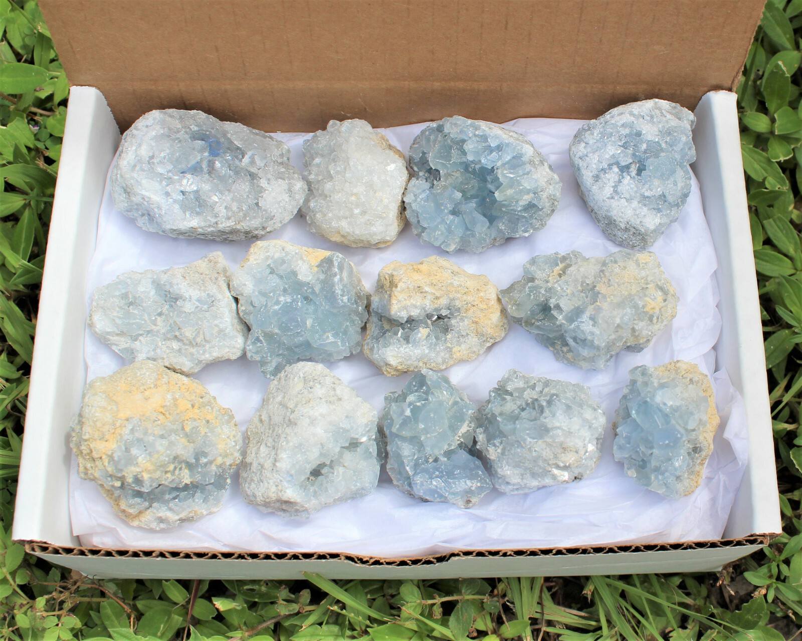 Natural Celestite Clusters – Wholesale Bulk ‘A’ Grade: 10-15 Piece Bulk Box Lot