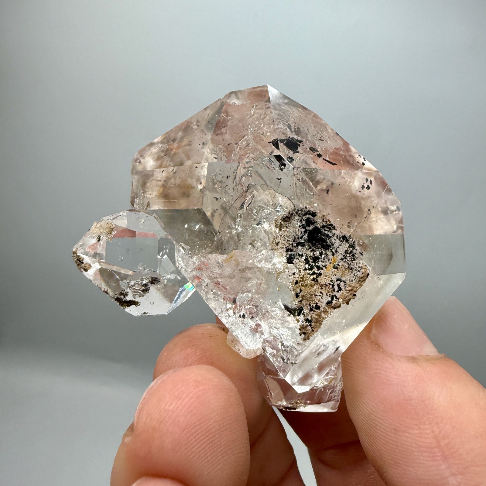 Enhydro Herkimer Diamond Gem Cluster w/ Moving Gas Bubble, Light Smoky Phantoms