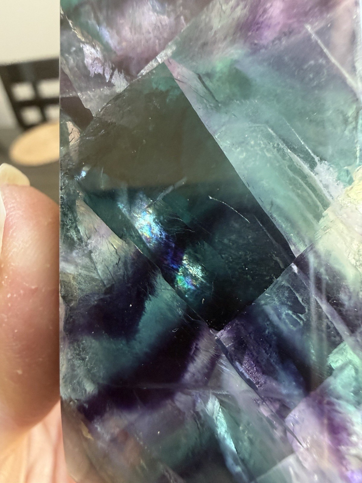 HQ Chevron Rainbow Fluorite Crystal Tower Purple Blue Green 4inch Tall Clear