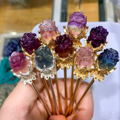 5pc Natural Fluorite Quartz Carving Rose Flower Skull crystal Reiki healing Gift