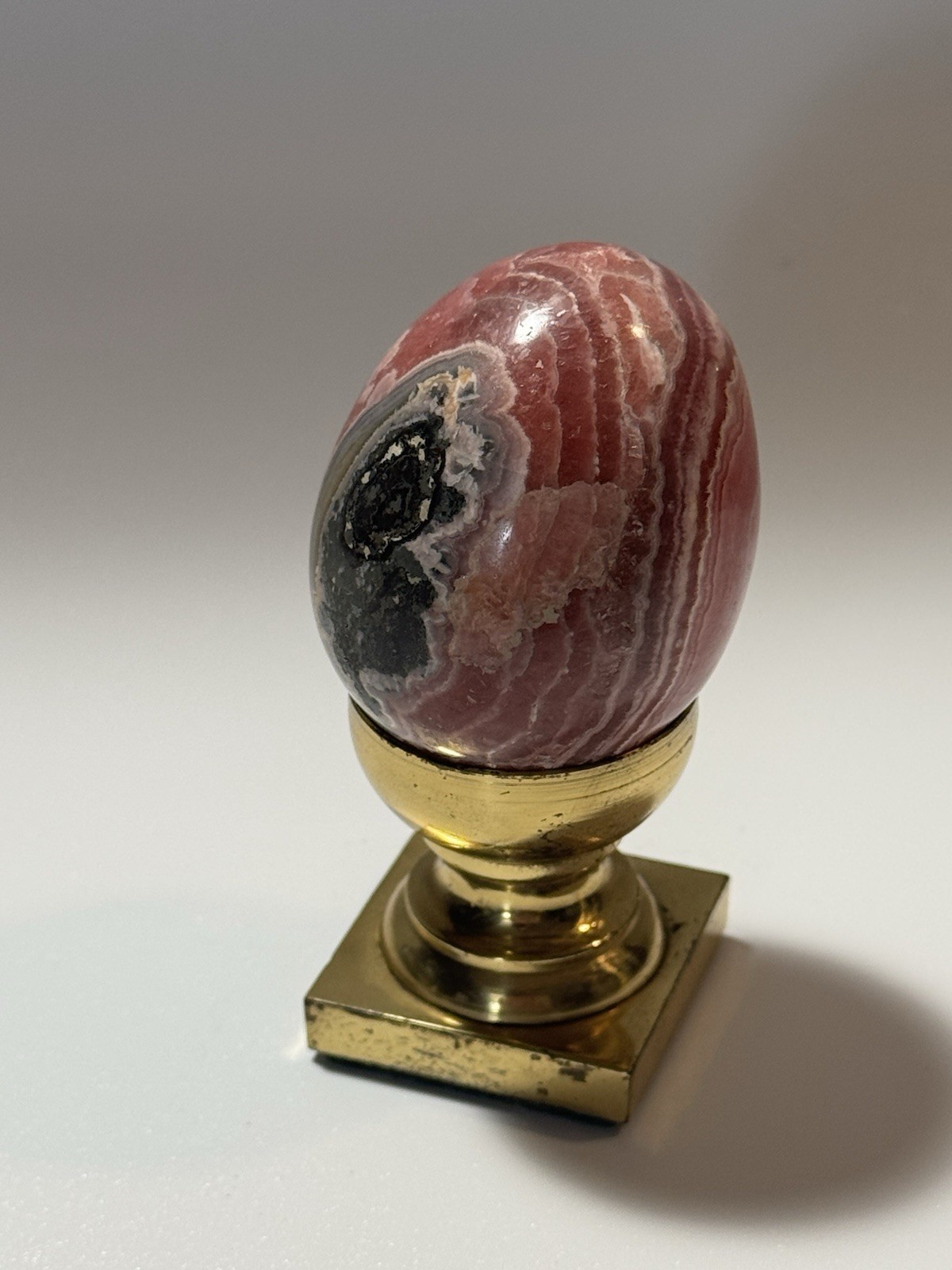 Rhodochrosite Stone Egg w/ Brass Stand Pink Banded Crystal Mineral Display