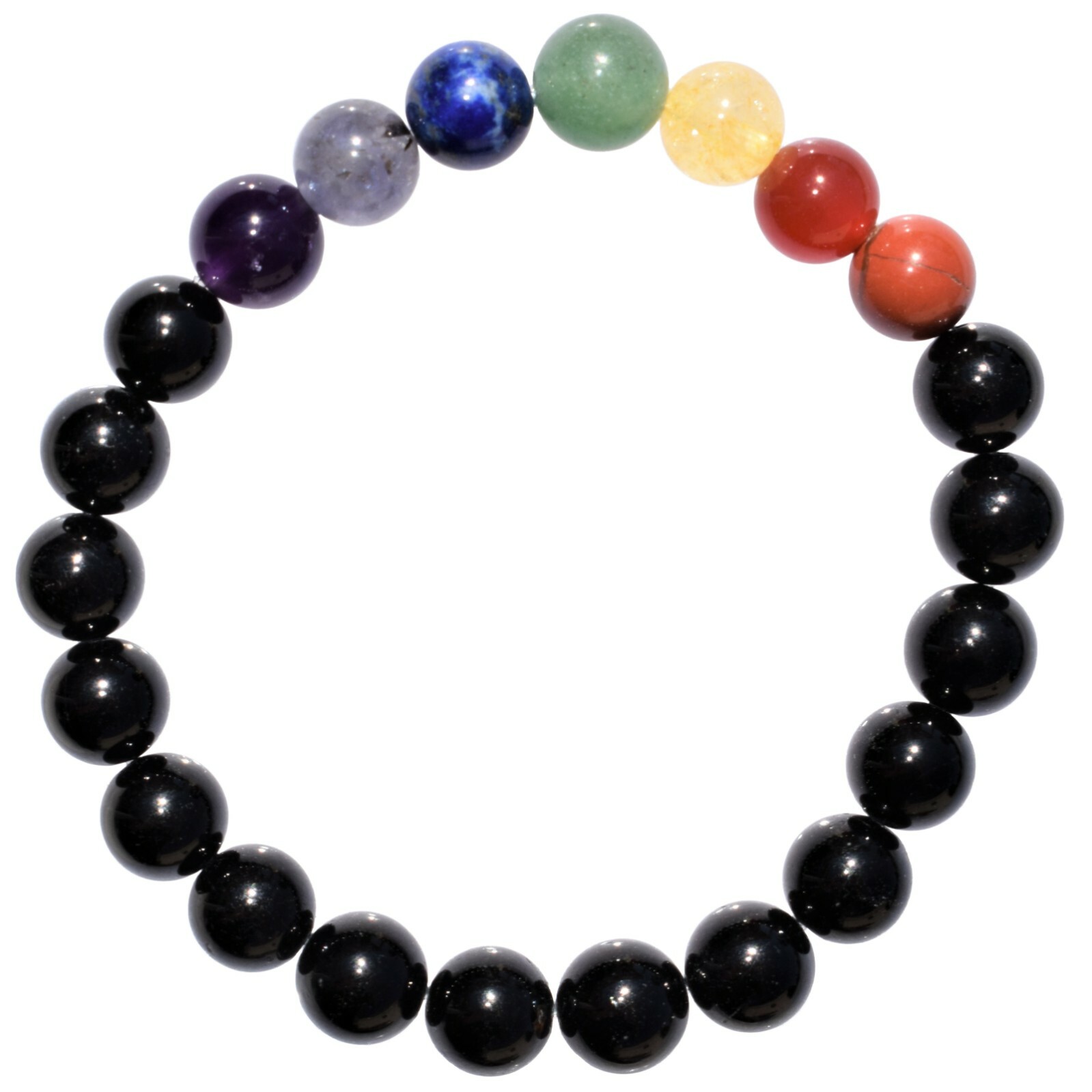 CHARGED Black Tourmaline & 7 Chakra Crystals Stretchy Bracelet + Selenite Heart