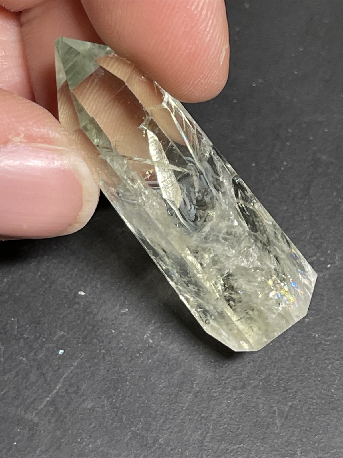 Prasiolite Green Amethyst Tower Point with Rainbows 1.58in Tall 9g