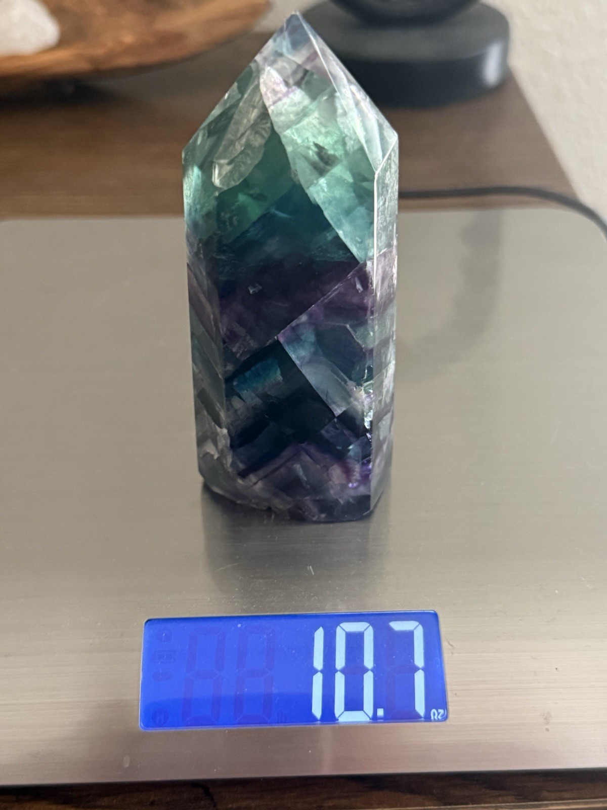 HQ Chevron Rainbow Fluorite Crystal Tower Purple Blue Green 4inch Tall Clear