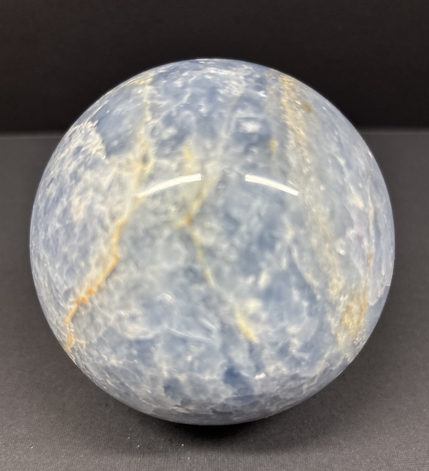 Polished Blue Calcite Sphere. 3.25” Diameter 82.55 mm—1 Lb 11 oz 765grams