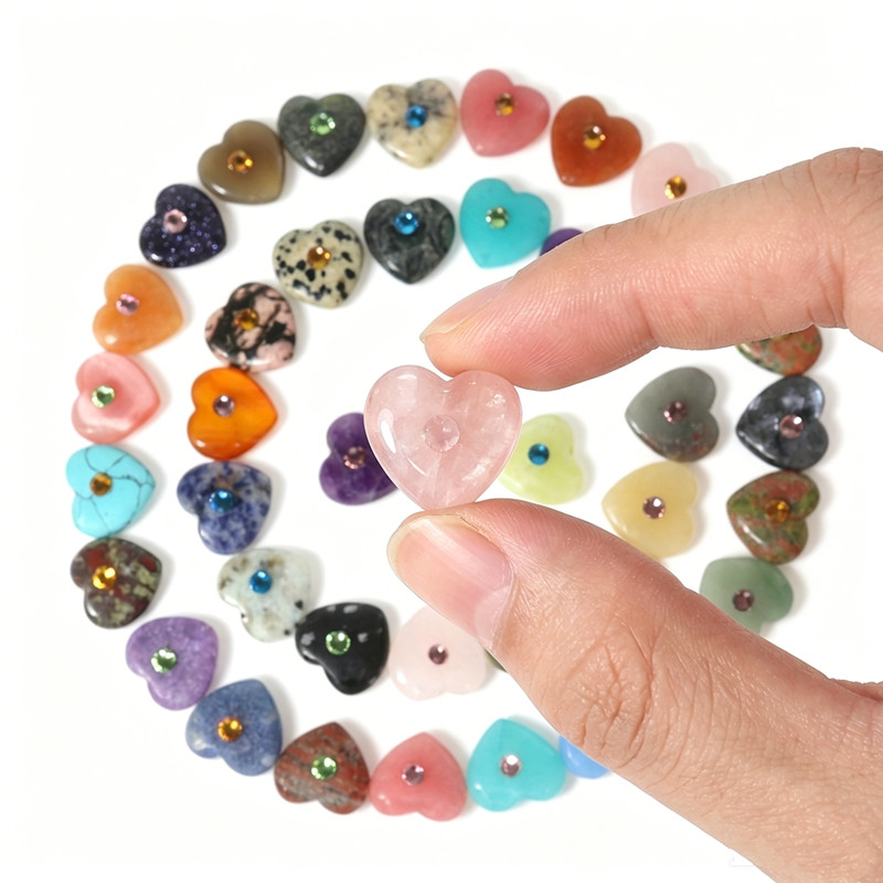 20mm Natural Crystal Stone Hearts With Rhinestone, Polished Love Heart Gemstone