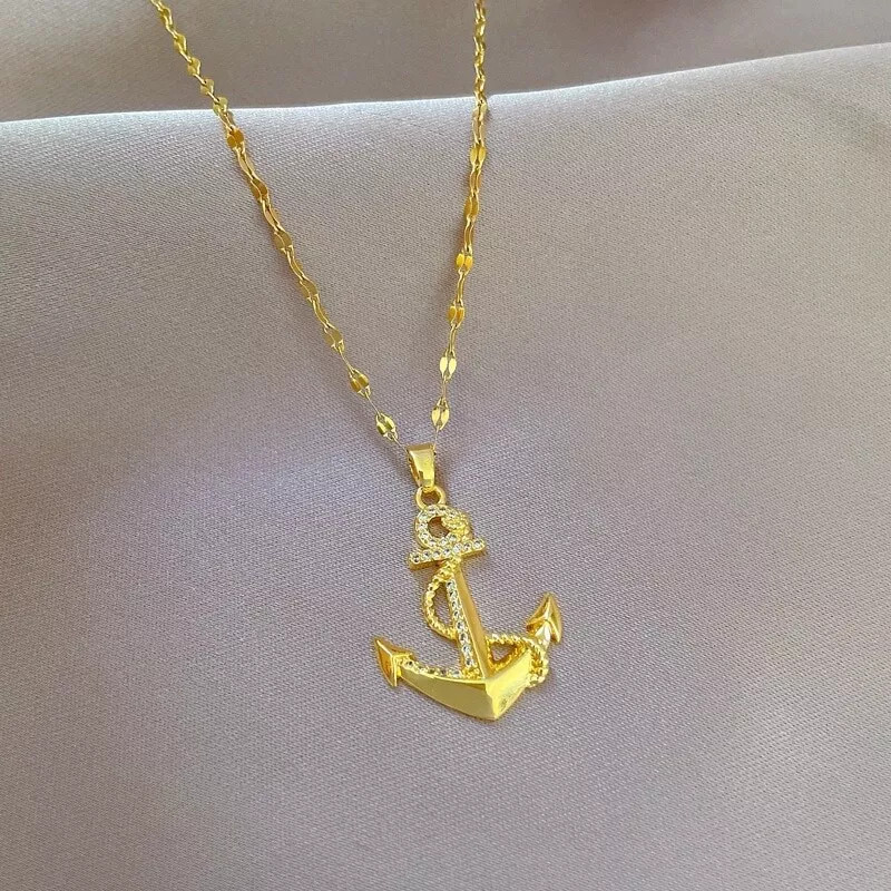 Women’s Fashion Jewelry Gold Cubic Zircon Anchor Pendant Necklace 1PC