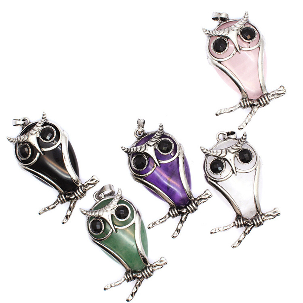 Natural Crystal Owl Shape Chakra Pendant Gemstones Necklaces Beads Reiki Healing