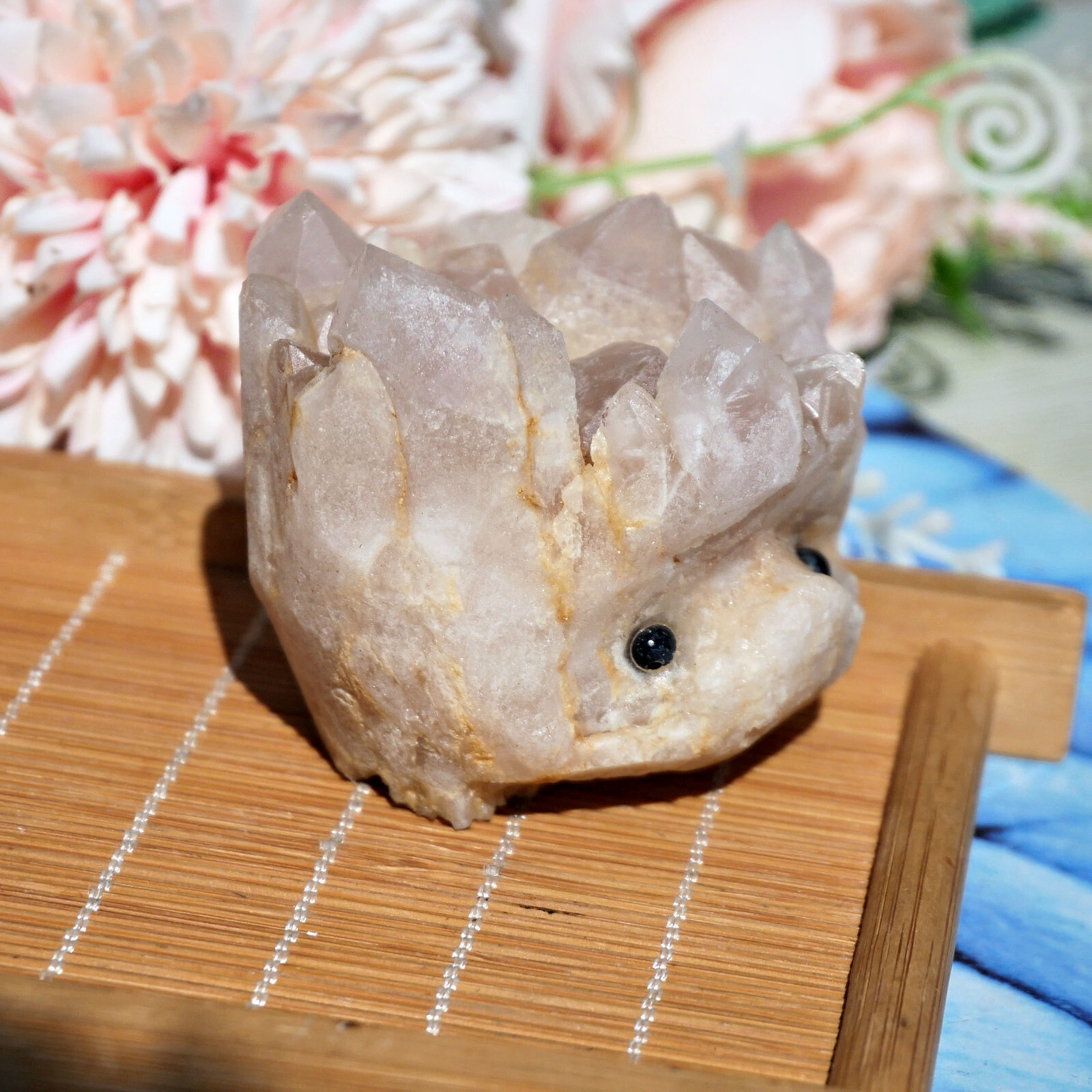 Clear Quartz Crystal Cluster 2.3″ Carved Animal Smiley Face Raw Base Desk Decor