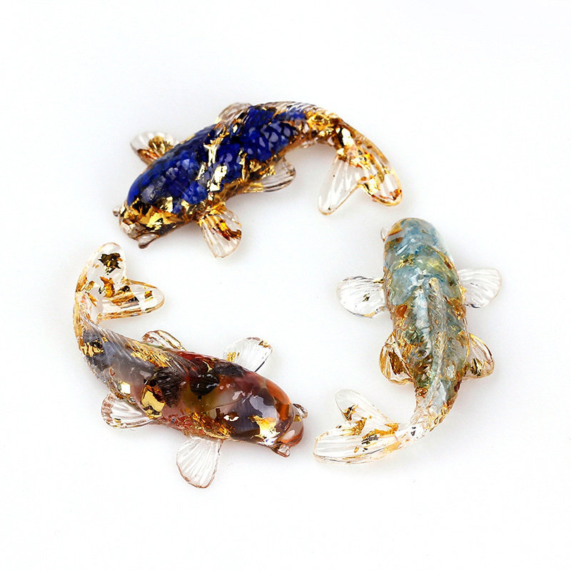 Natural Quartz Crystal Chip Stone Koi Carved Drop Glue Lucky Fish Resin Ornament