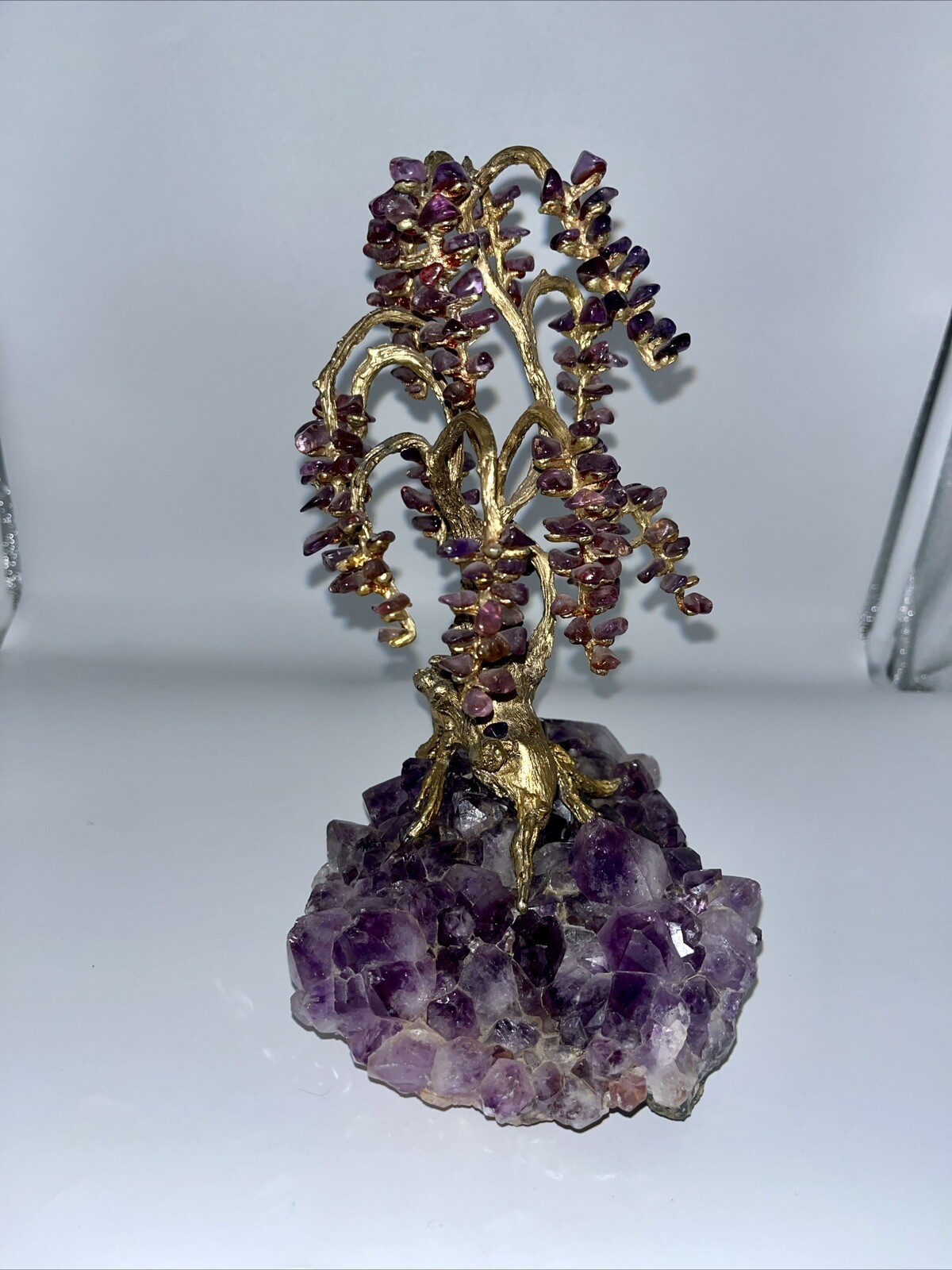 Natural Amethyst Gemstone Rock Gold Tone Tree Of Life Bonsai Sculpture Figurine