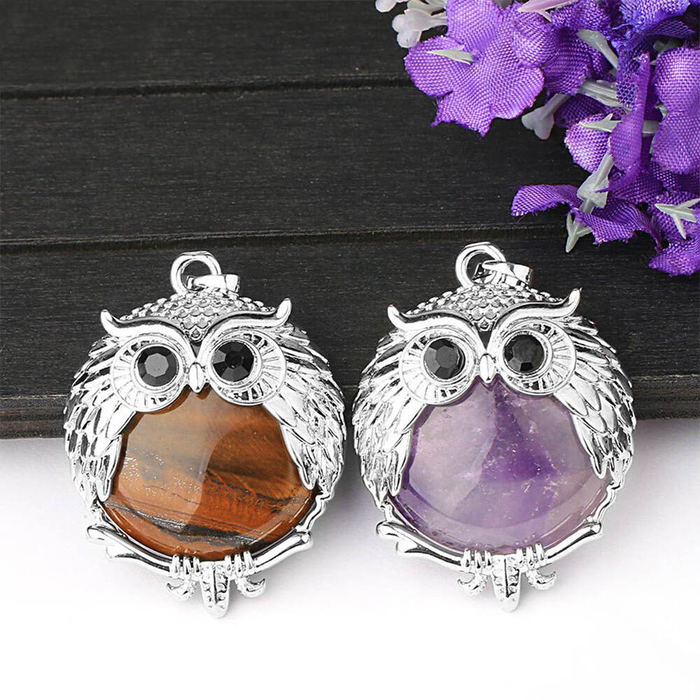 Natural Crystal Owl Shape Chakra Pendant Gemstones Necklaces Beads Reiki Healing
