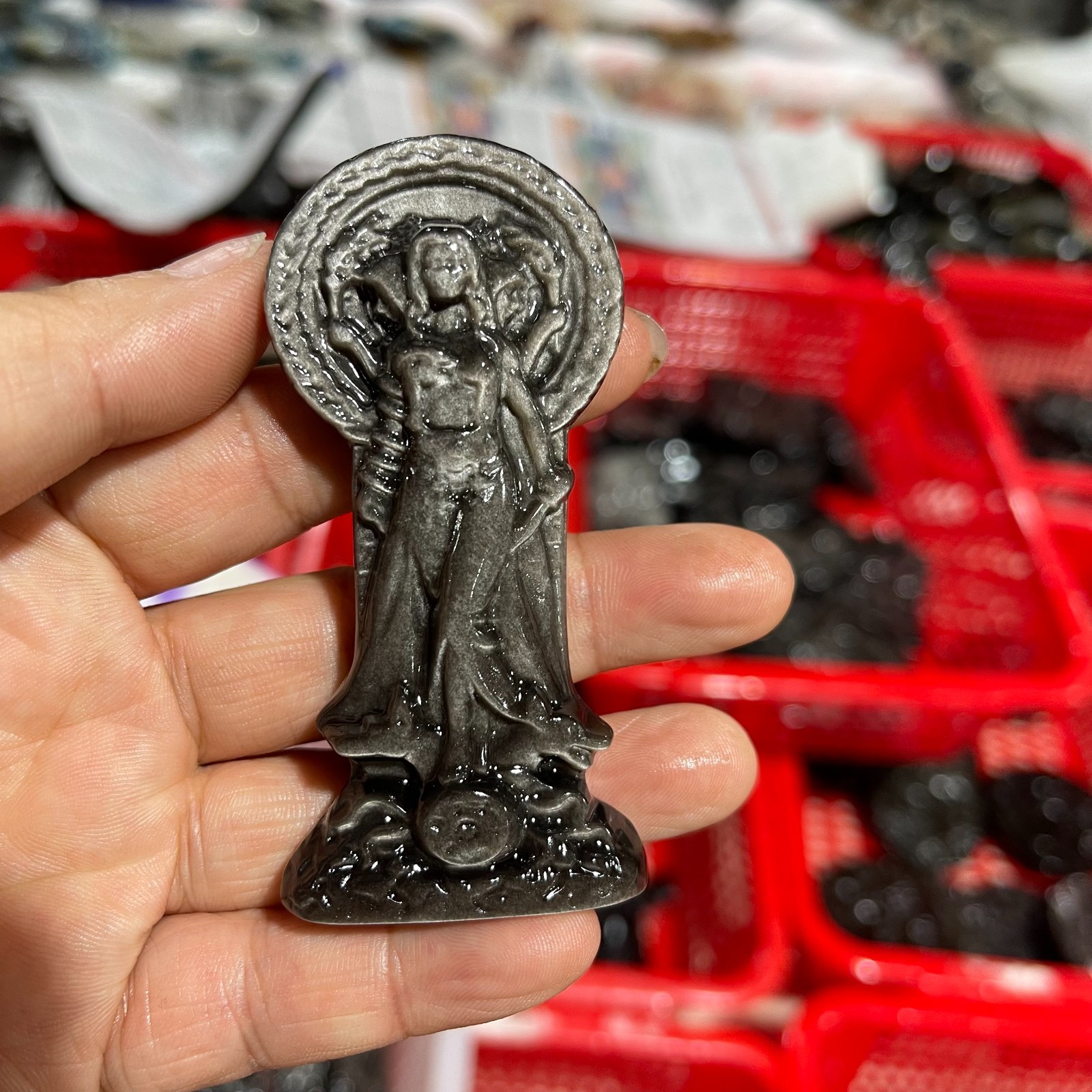 Silver Sheen Obsidian Hecate Goddess Statue,Hand-Carved Greek Moon Goddess 1pc