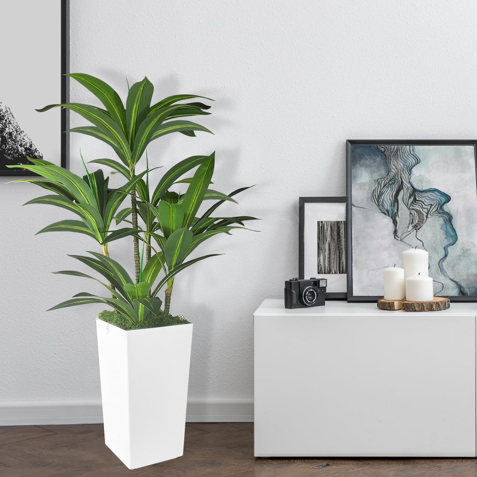 5FT Artificial Dracaena Tree with White Tall Planter for Home Office Indoor |…