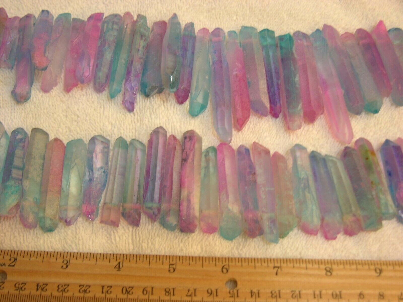 Tri color titanium aura quartz crystals bigger 1-3″ drilled 6 pieces