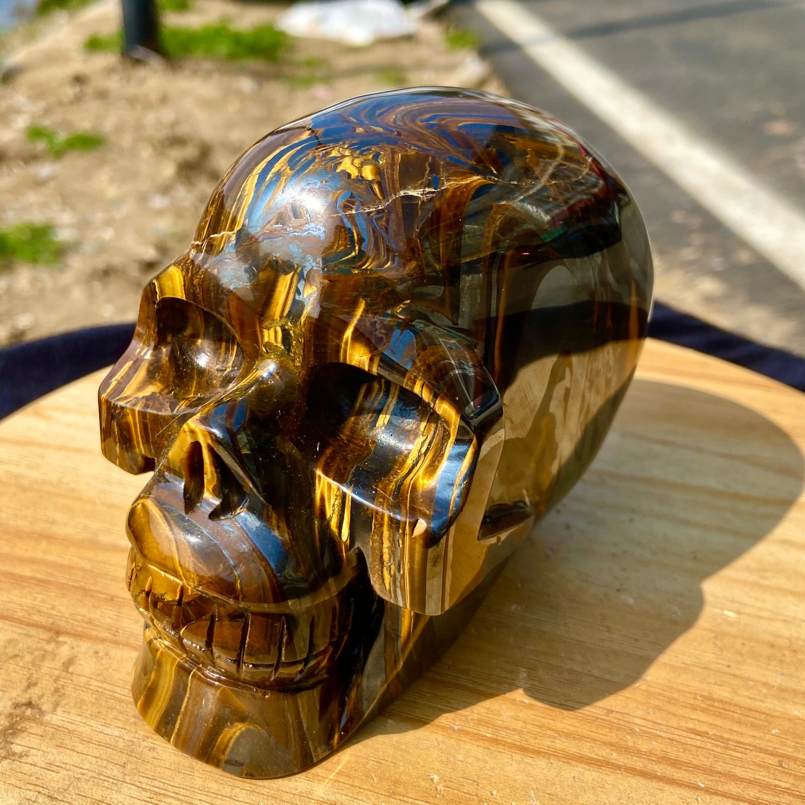 3.74LB Natural Tiger’s Eye Quartz Skull, Fine Carving Crystal Healing Gift