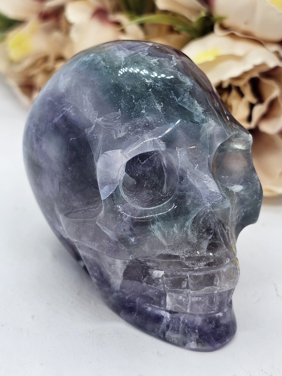 Rainbow Fluorite Skull Crystal Carving 248g Purple Green Blue 5x 6 x 4cm
