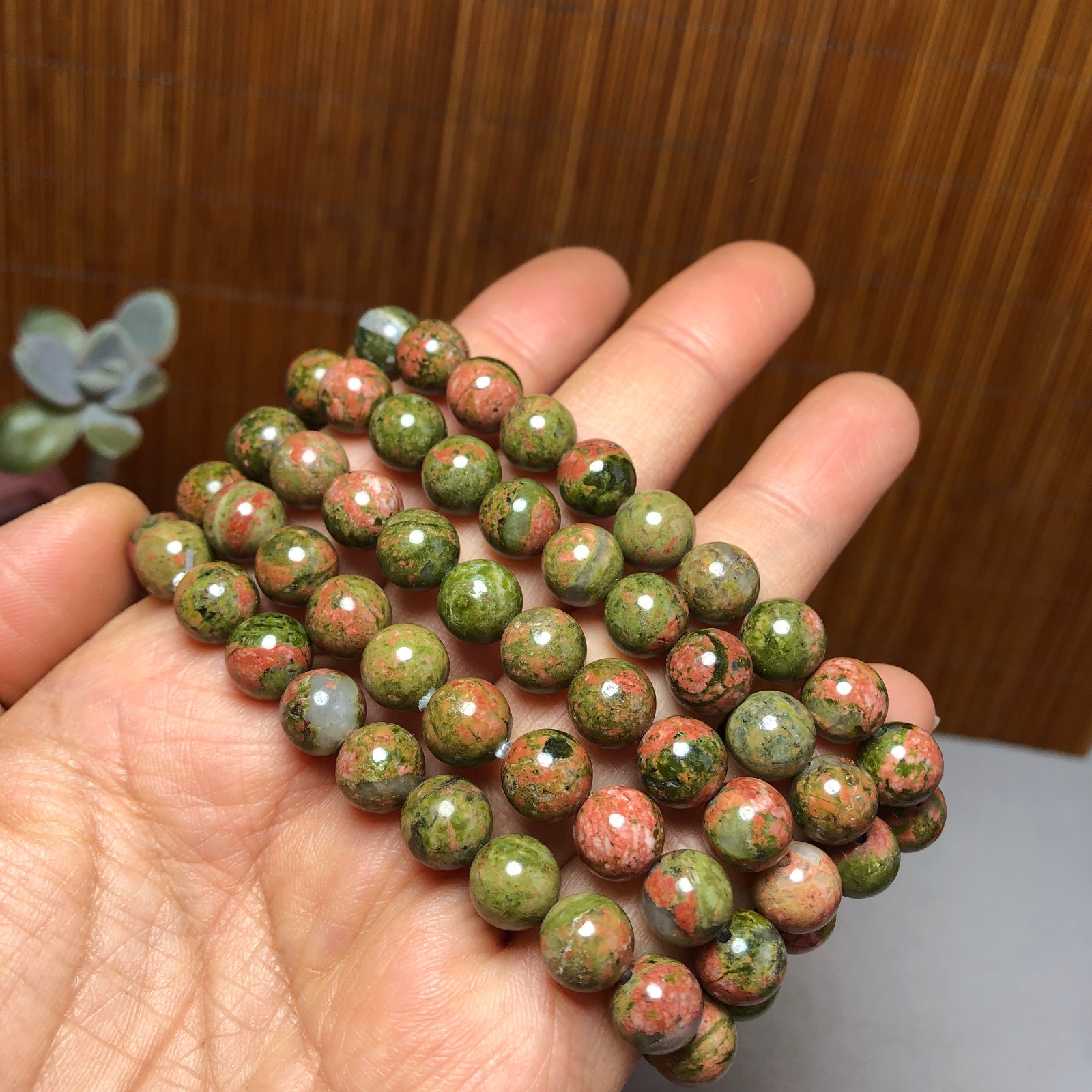 5Pcs Wholesal Natural Polish Unakite stone bracelets Crystal ball 8mm A3424