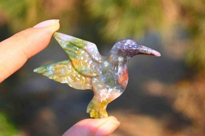 1.6”Natural Ocean jasper Hummingbird Reiki Crystal skull carved Healing gift 1x