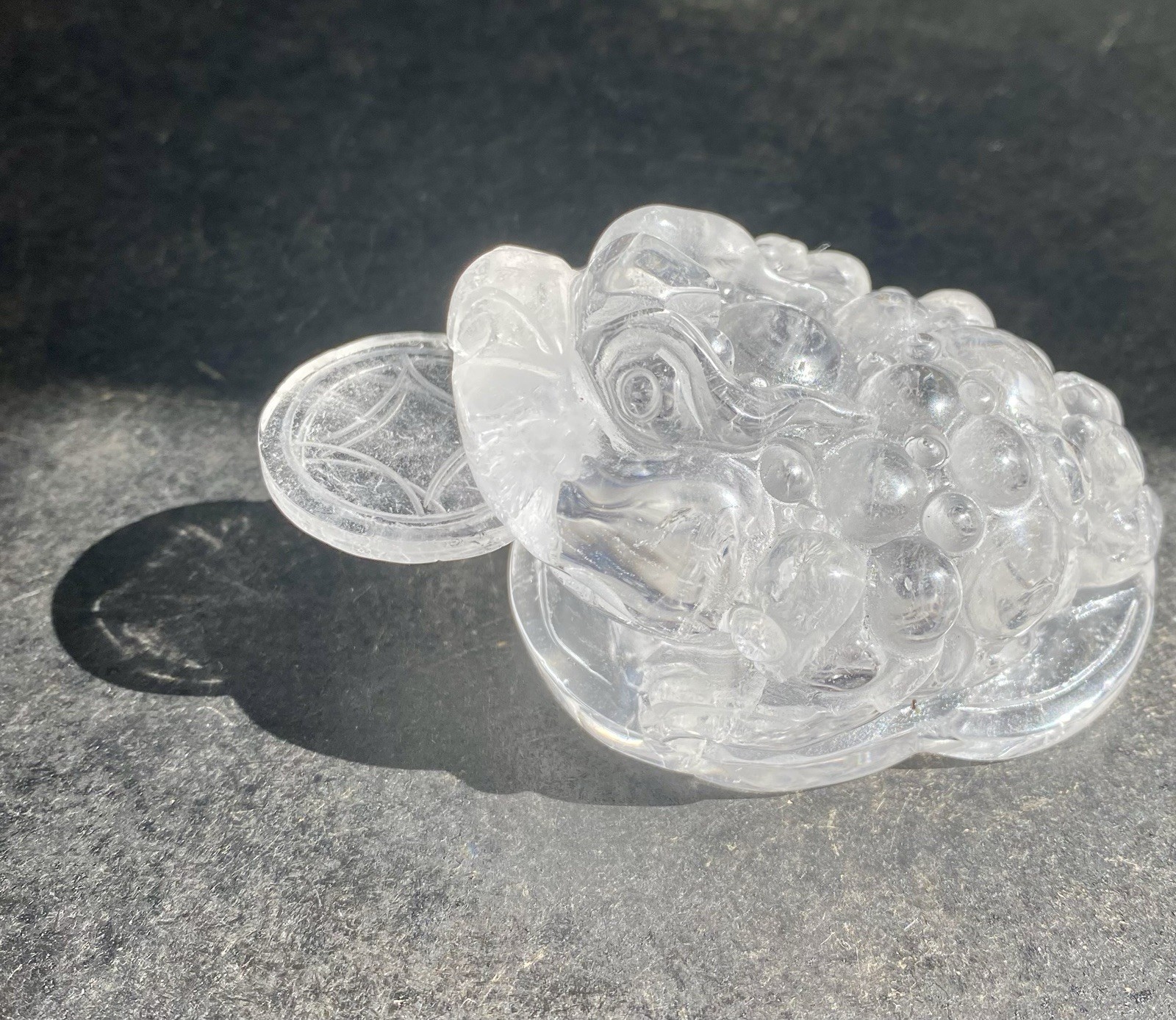 Crystal Clear Quartz 3 Leg Money Toad Frog Coin Feng Shui Prosper 274g