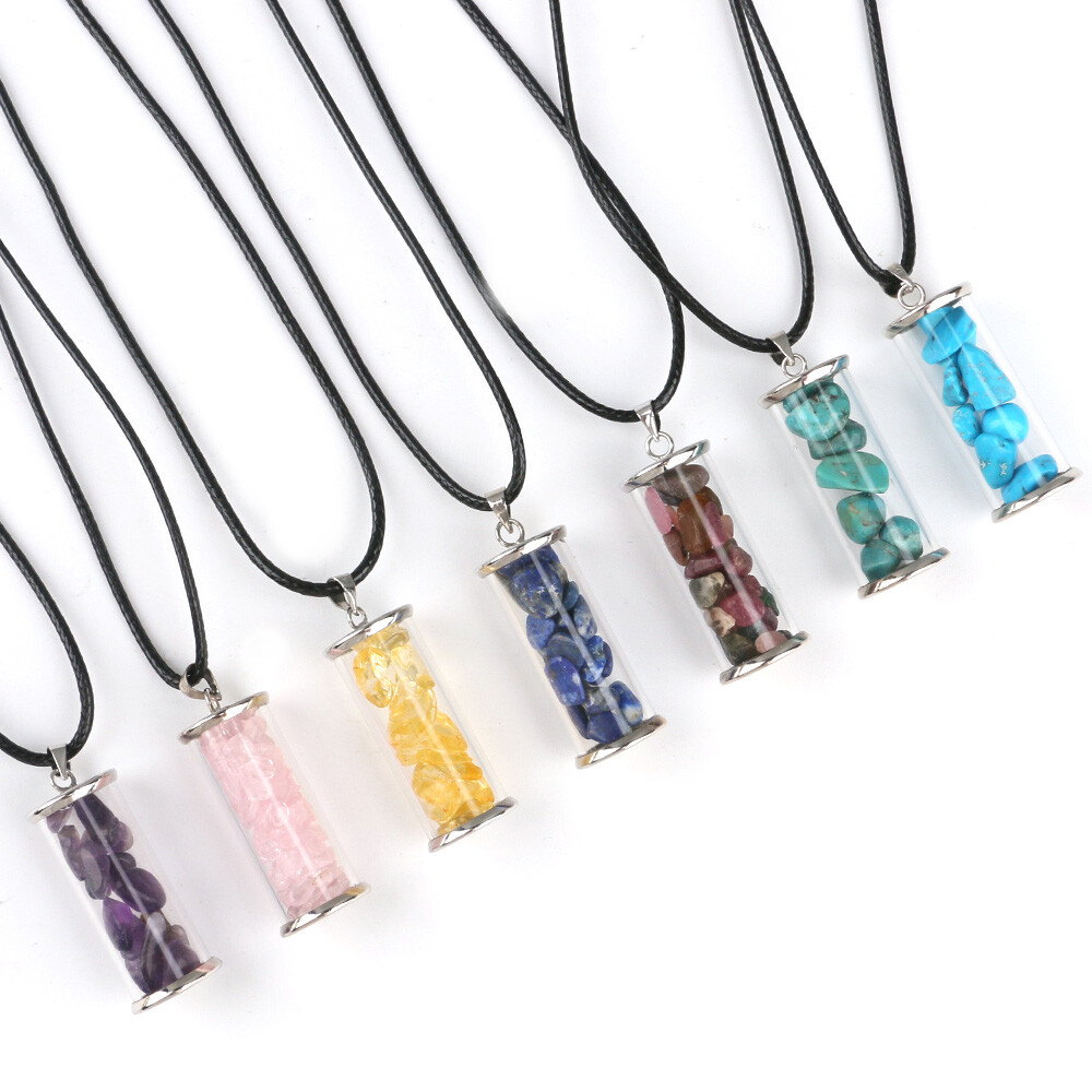 1PC Wishing Bottle 7 Chakra Crystal Pendulum Natural Chip Stone Pendant Necklace