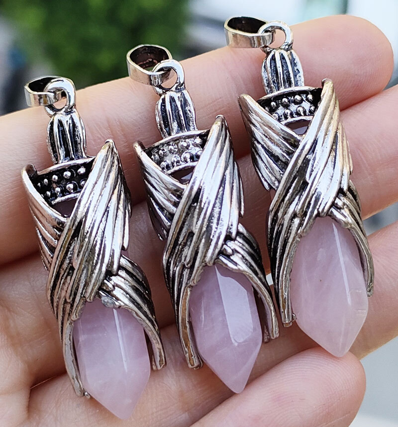 10pcs Rose Quartz Gems Angel Wing Pendants Love Reiki Healing Amulet Wholesale