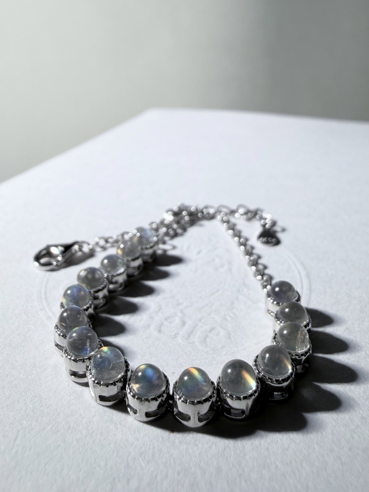 Natural Glassy Quality Madagascar Rainbow Moonstone S925 Adjustable Bracelet