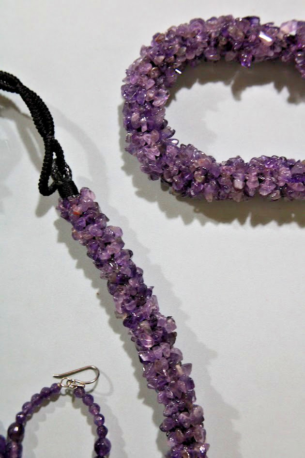 Vintage Natural Amethyst Chip Statement Necklace Bracelet Hoop Earrings Jewelry