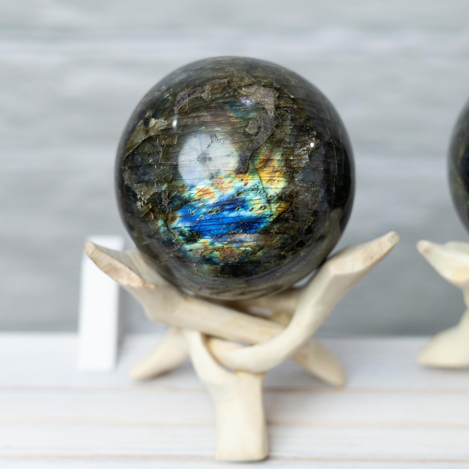 Labradorite Sphere with Stand Polished High Flash Crystal Ball Natural Stone