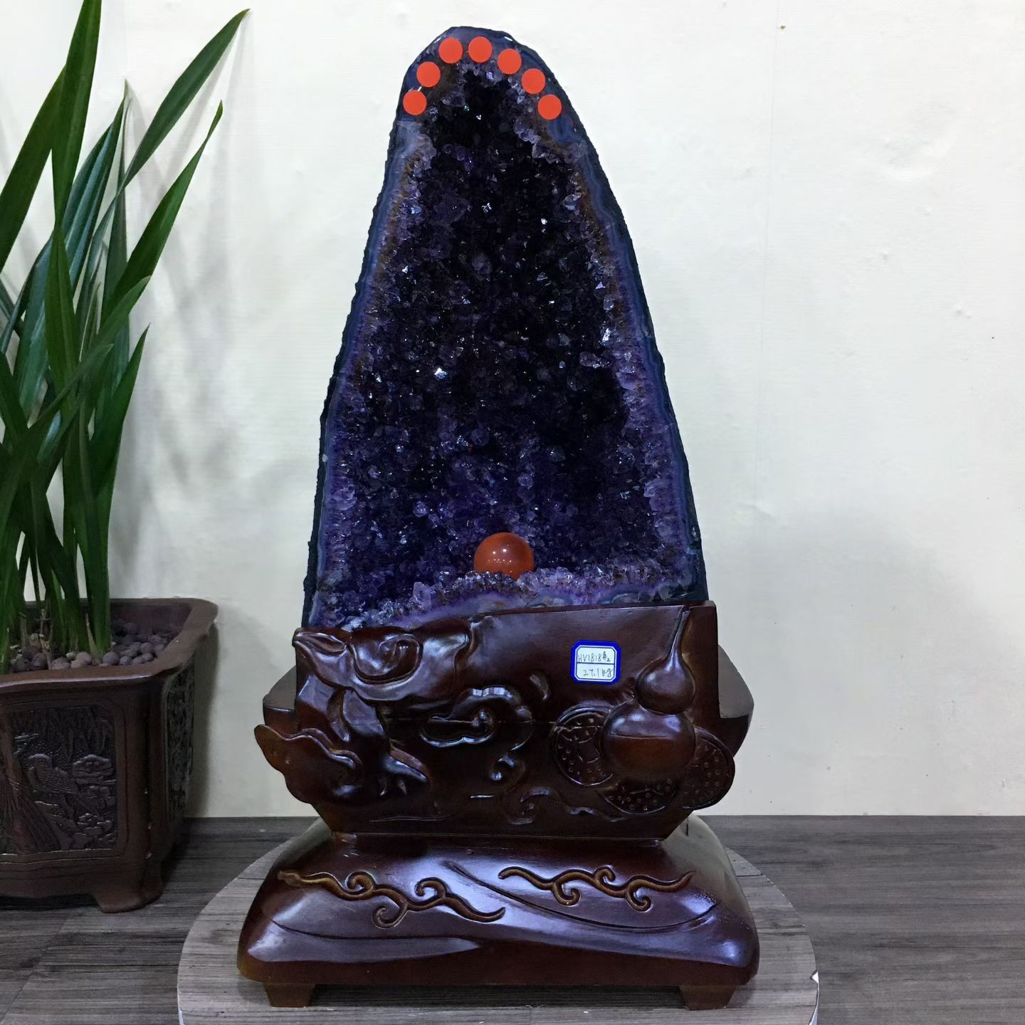 59.6LB Top Natural Amethyst Geode Quartz Crystal Cathedral Healing Decor +Stand