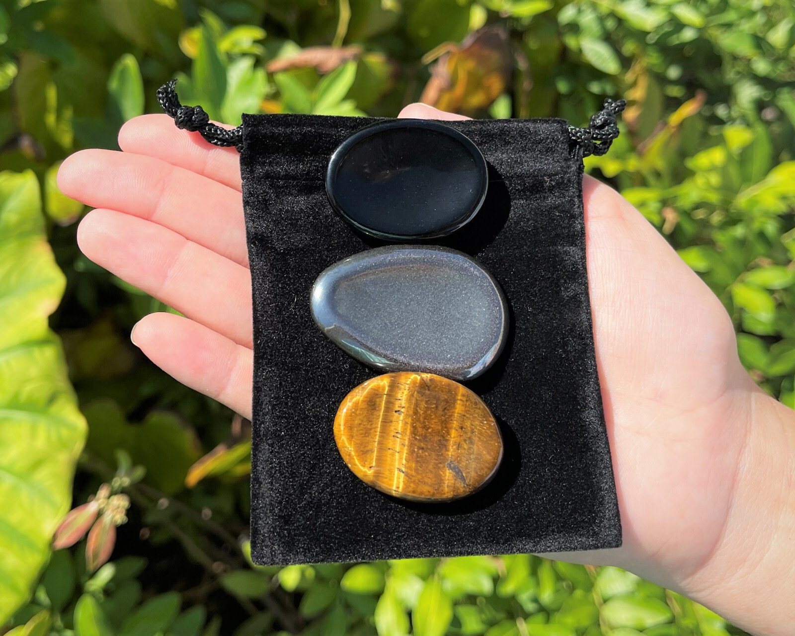 Triple Protection Worry Stone Set – Gold Tiger Eye, Black Obsidian & Hematite